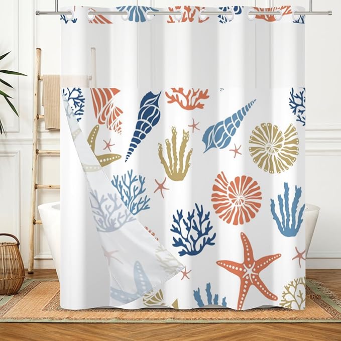 No Hook Nautical Coastal Shower Curtain with Snap in Liner Set Ocean Themed Coral Seashell Starfish Beach Shower Curtains Polyester Fabric Waterproof Bathroom Curtains 71Wx74H