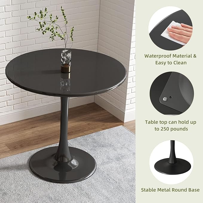 23.6 Inch Black Round Dining Table,Mid-Century Modern Black Tulip Table Kitchen Dining Table with MDF Table Top and Pedestal Base for Home Kitchen 2-4 Person