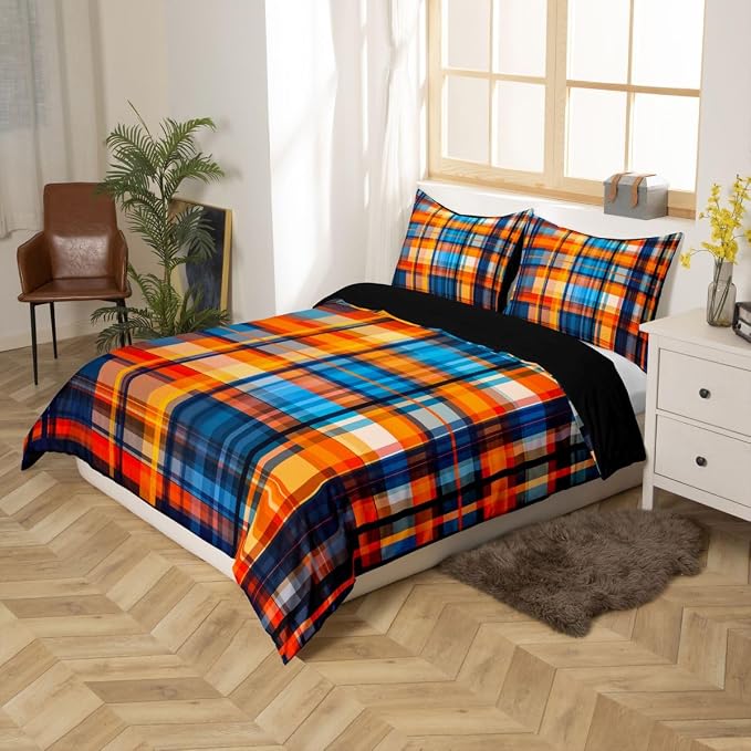 Erosebridal Boys Girls Plaid Comforter Cover Full Orange Blue Checkered Duvet Cover for Kids Teens Buffalo Grid Stripes Geometric Bedding Set Rustic Farmhouse Style Bed Set with Zipper