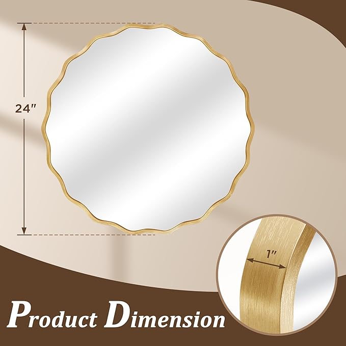 Gold Round Mirror for Wall, 24"x24" Decorative Wavy Bathroom Mirror with Brushed Alloy Steel Frame & Shatter-Proof Glass, Hanging Circle Wall Mirrors for Bathroom, Entryway, Bedroom