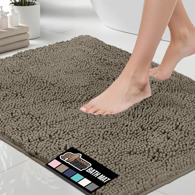 GORILLA GRIP Bath Rug Mat 44x26, Thick Soft Absorbent Chenille, Quick Dry Microfiber Mats, Rubber Backing Washable Shower Floor Rugs, Bathmat Runner, US Designed Bathroom Home Decor Accessories Latte
