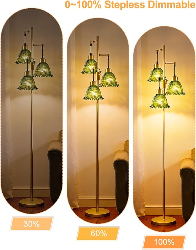 3-Light Modern Glass Floor Lamp, Gold Standing Tall Lamp with Green Glass Shade for Reading, Dimmable LED Floor Lamp with 5Lbs Heavy Base for Living Room Bedroom Home Decor, Bulb Included