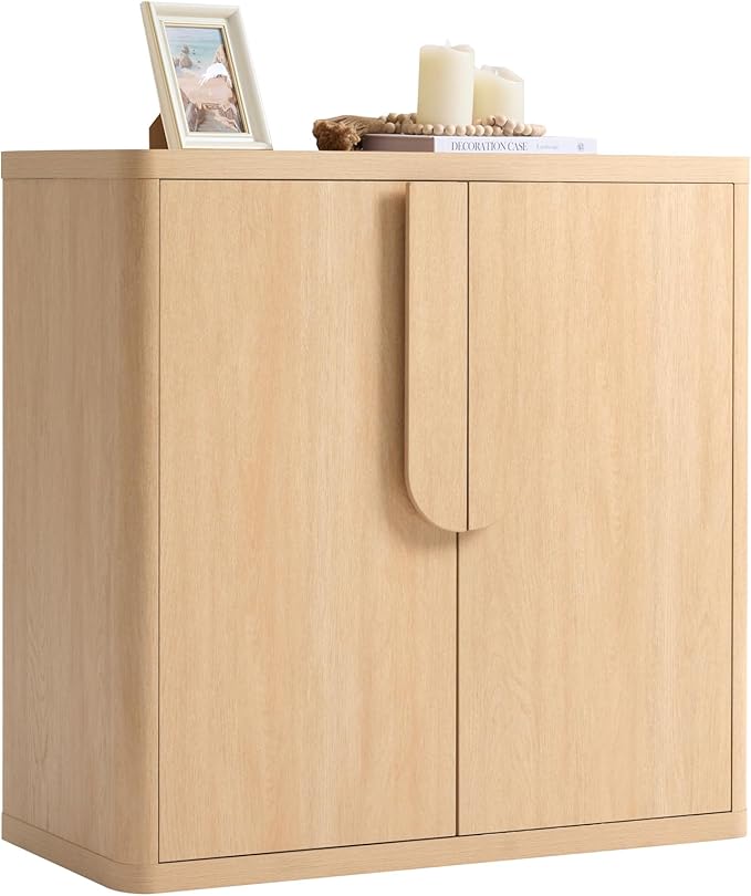 34.5'' Sideboard Buffet Cabinet W/Storage, Modern Accent Cabinets W/Curved Handles & Adjustable Shelves, 2 Doors Coffee Bar Buffet Table Credenza for Living Room Kitchen Hallway, Natural Oak