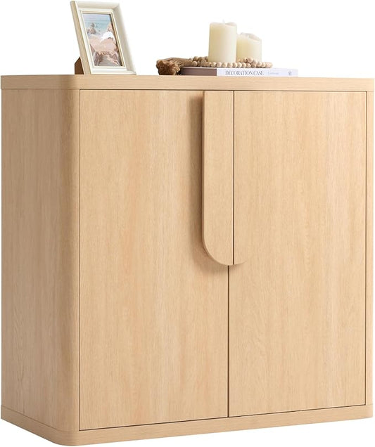 34.5'' Sideboard Buffet Cabinet W/Storage, Modern Accent Cabinets W/Curved Handles & Adjustable Shelves, 2 Doors Coffee Bar Buffet Table Credenza for Living Room Kitchen Hallway, Natural Oak