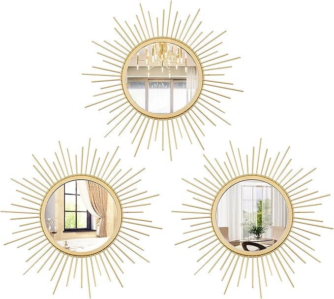 Cityelf 3 Set Gold Sunburst Mirrors for Wall Decorative Metal Mirrors Small Mirror Sets Decor Hanging Mirror Wall Sculpture for Bedroom Living Room Entryway