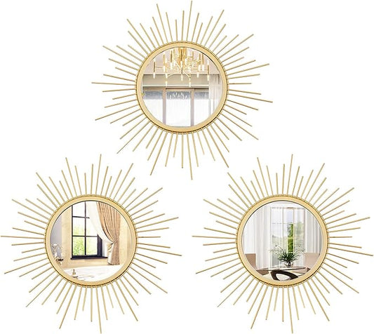 Cityelf 3 Set Gold Sunburst Mirrors for Wall Decorative Metal Mirrors Small Mirror Sets Decor Hanging Mirror Wall Sculpture for Bedroom Living Room Entryway