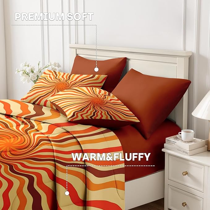 Nesker 7 Pcs Comforter Set King Size, 70S Retro Vintage Bedding Set for Kids and Adults, Orange Brown 50S Bed Sheet Sets with Fitted Sheet 2 Pillowcases & 2 Shams
