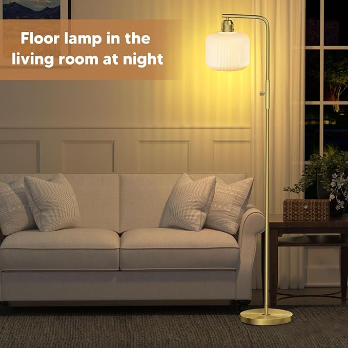 Glass Floor Lamp for Living Room, Modern Standing Lamp with White Glass Lampshade & Brushed Gold, Stepless Dimmable and Rotary Switch, 66” Tall Lamp & Gold Floor Lamp for Bedroom Study Room