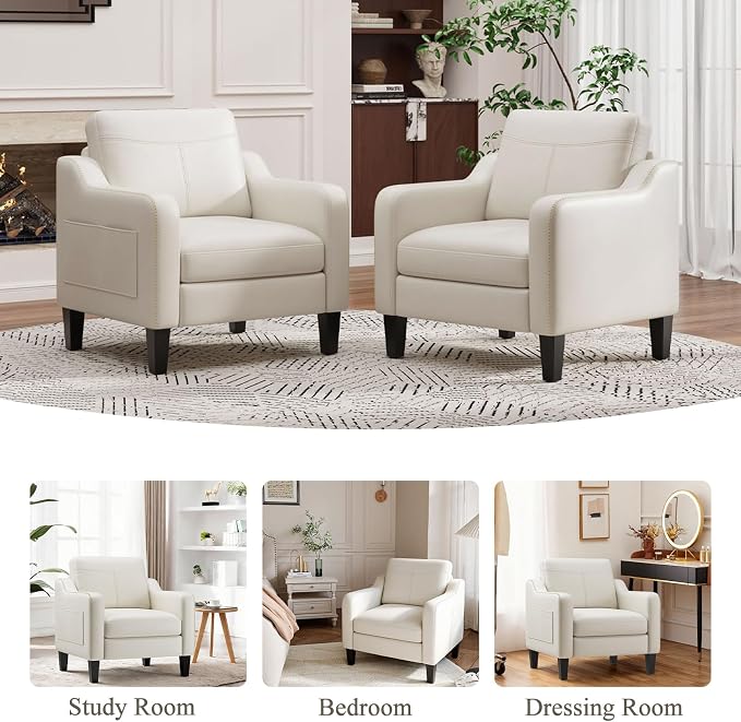 MALOL PU Leather Accent Chair Set of 2, Mid-Century Modern Living Room Armchair Sofa with Removable Cushions, Solid Wood Frame & Stitched Armrest Design, Bedroom Chair with Plastic Legs, Beige