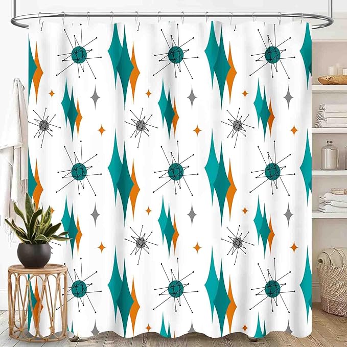 Mid Century Modern Shower Curtain for Bathroom, Teal Orange Geometric Atomic Abstract Pattern 1950s 1960s Retro Vintage Style Waterproof Fabric Shower Curtain Set with Hooks, 72"x78" Inch