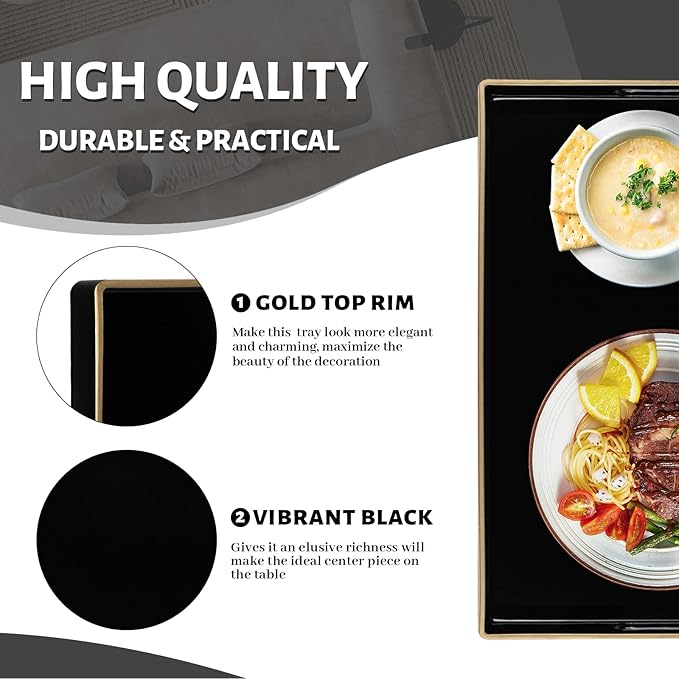 MAONAME Black Decorative Tray for Coffee Table, Modern Serving Tray with Handles, Plastic Rectangular Tea Trays for Ottoman, Bathroom Decor, 15.8” X 10.2” x 1.4"