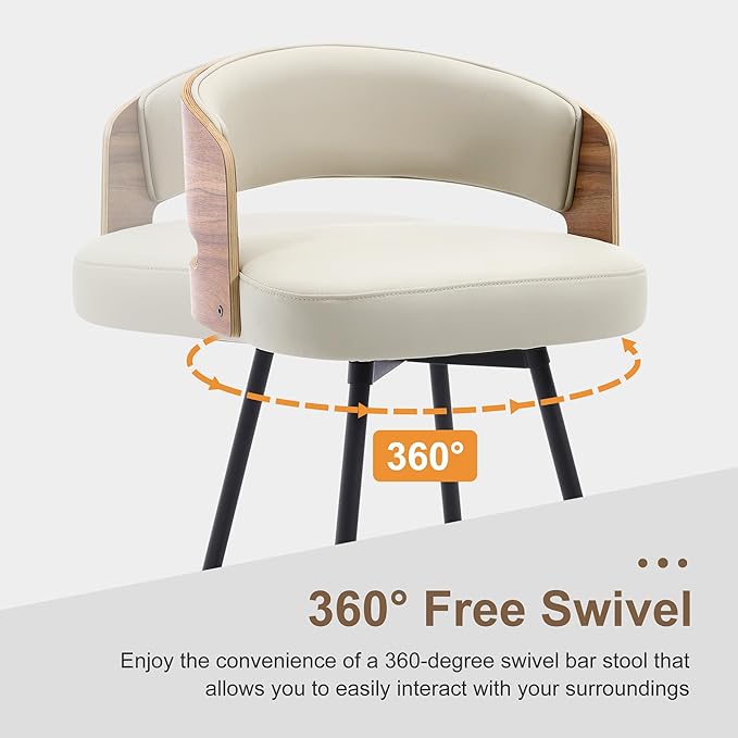 Swivel Bar Stools Set of 2, 26" Counter Height Bentwood Barstool, Upholstered Faux Leather Barstools with Walnut Back, Mid Century Modern Bar Chairs for Kitchen Island, Bar