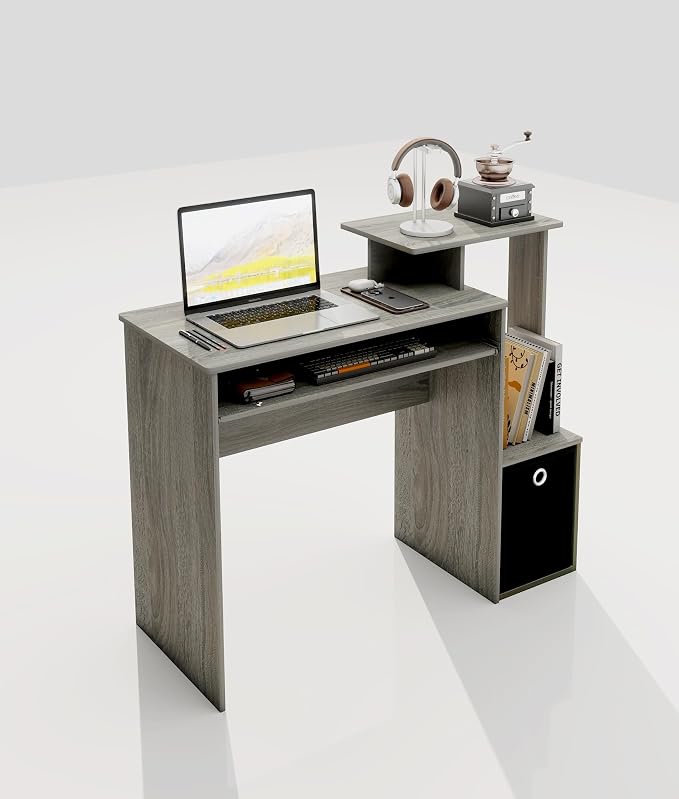 Computer Desk with Drawers, Study Table with Storage Shelves Keyboard Tray for Home Office Bedroom Living Room, Oak Grey/Black