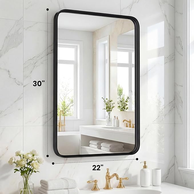 22"x 30" Black Bathroom Mirror for Sink, Rectangle Vanity Mirror for Wall, Over Sink, Farmhouse, Restroom, Anti-Rust, Modern Decorative, Horizontal or Vertical Hanging