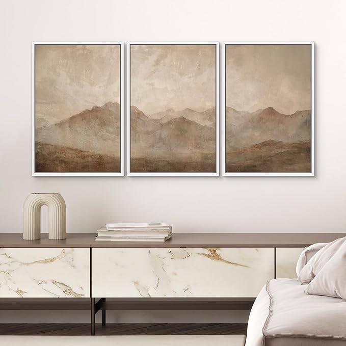 SIGNWIN Framed Canvas Print Wall Art Set Minimal Mountain Landscape Neutral Illustrations Modern Art Decorative Boho Relax/Zen Nordic for Living Room, Bedroom, Office - 24"x36"x3 White