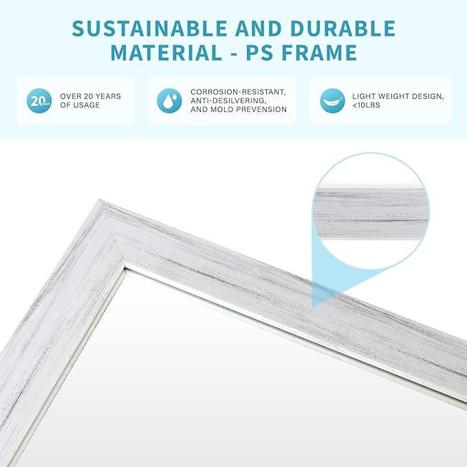 White Wood Effect Framed Wall Mirror, 16x20 Rectangle Mirror, 1/8" Anti-desilvering Tempered Glass, Sustainable& Sturdy Frame, Anti-Rust, HD Reflection &3min Fast Setup for Bathroom Living Room