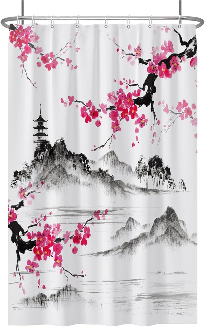 Baocicco Plum Blossom Shower Curtain Pink Cherry Blossom Floral Misty Mountains Shower Curtains Decorative for Bathroom Waterproof Fabric Shower Curtain with Hooks 48x72 Inches