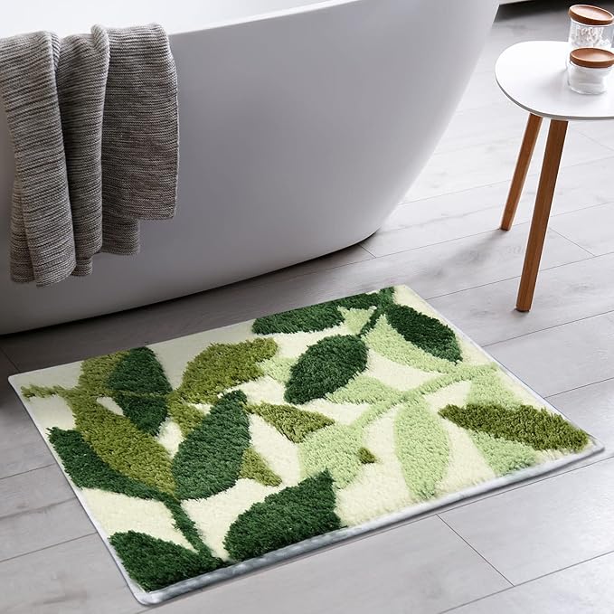 Hi Space Bathroom Rugs 24x16IN Blue Leaves Bath Mat for Bathroom Non Slip Machine Washable Soft Microfiber Absorbent Cute Bath Rug Plush for Tub Shower Sink Fluffy Home Decor Accessories