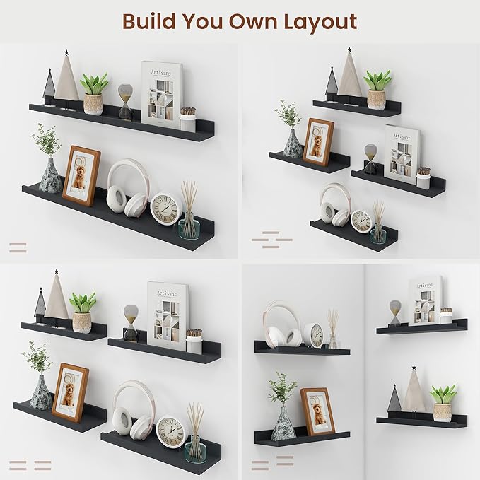 Axeman Picture Ledge Shelf | 16 Inch Black Floating Shelves Set of 4 | Rustic Wood Wall Shelves with Lip | 16" Picture Shelves for Wall with Ledge | Black Photo Shelves