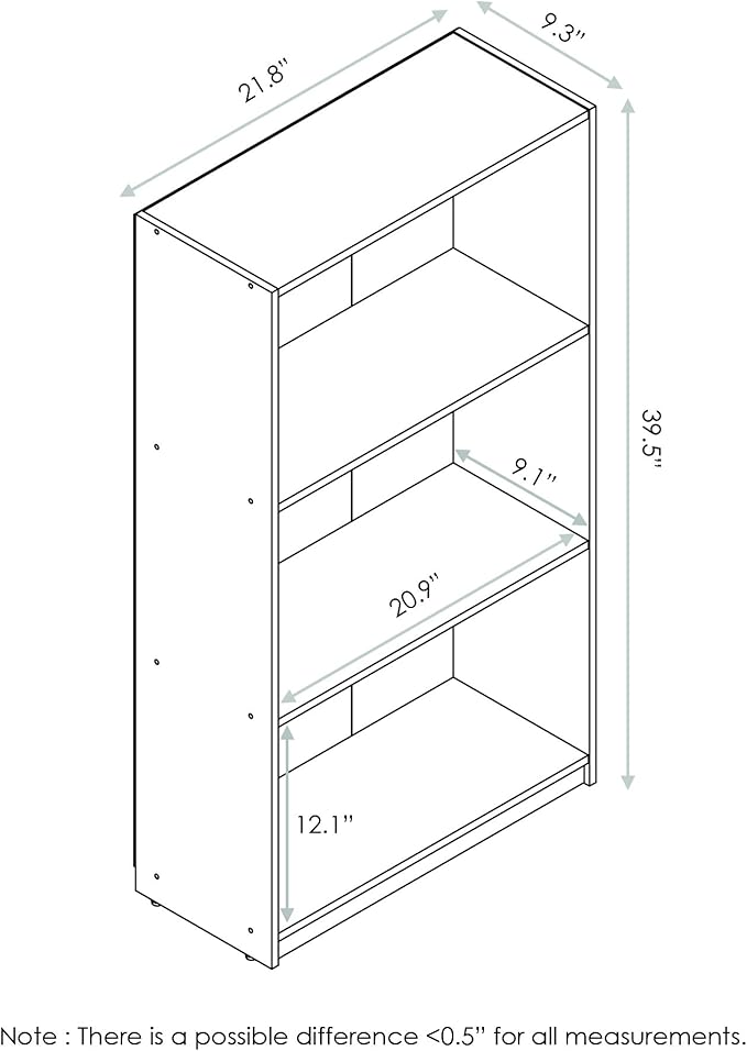 Furinno BASIC Book Shelf, 3-Tier Modern Bookshelf, Bookcase with Open Shelves, 9.3 x 21.8 x 39.5, for Living Room, Bedroom, Home Office, Light Blue
