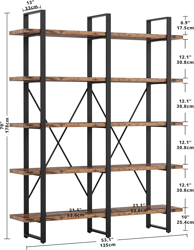 IRONCK Industrial Bookshelf and Bookcase Double Wide 5 Tier, Large Open Shelves, Wood and Metal Bookshelves for Home Office Furniture, Easy Assembly | Bookcase, Large, Open Shelves, Bookshelves, Easy Assembly