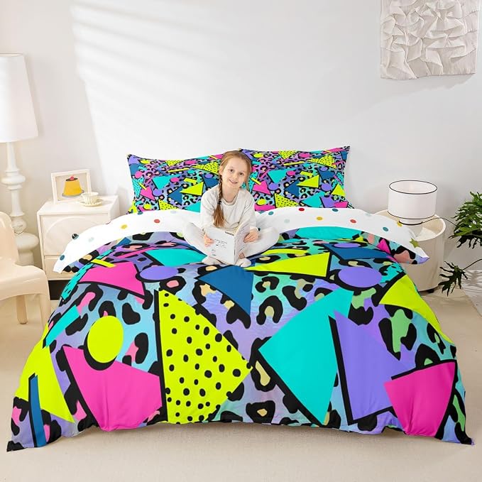 Retro 80s 90s Bedding Set Twin,Abstract Geometric Duvet Cover Urban Modern Circles and Triangle Comforter Cover Colorful Pop Art Inspired Pattern Quilt Cover Mens Hipster Hip-Hop Room Decor