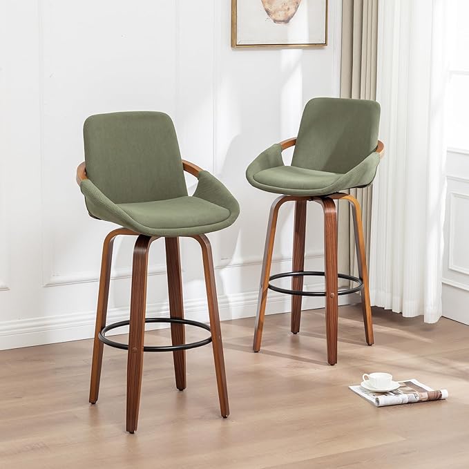 LUNLING 25.6" Counter Height Barstools Set of 2 Mid Century Modern Retro Bar Chairs Green Modern Corduroy Fabric Upholstered and Walnut Wood Frame for Home Bar Furniture,Green