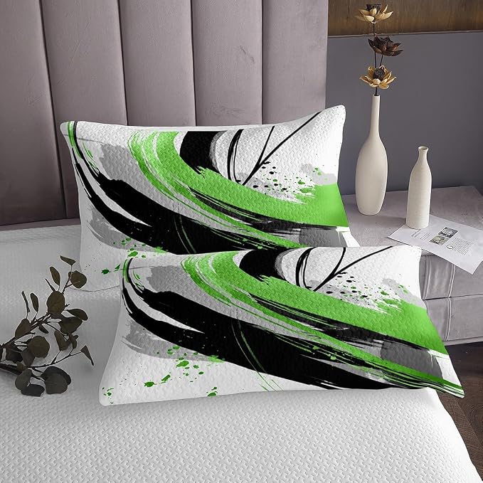 Erosebridal Black and Green Kids Coverlet Set | Modern Geometric Striped Quilt Set for Boys Girls Boho Contemporary Watercolor Graffiti Quilts Minimalist Aesthetic Art Bedding Sets Twin 2Pcs