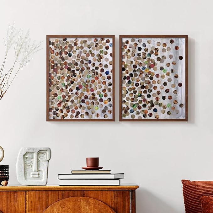 Renditions Gallery Set of 2 Peel & Stick Framed Prints, Textured Abstract Wall Art, Scattered Circular Cutouts Wall Decor, Re-Stickable - Ready to Hang - 16"x20" - Walnut Frame LT588