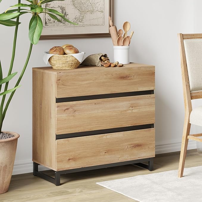 WAMPAT Dresser for Bedroom, Closet Organizers and Storage with 3 Drawers, Chest of Drawers with Metal Base, Modern Wood Dresser for Living Room, Hallway, Entryway, Oak