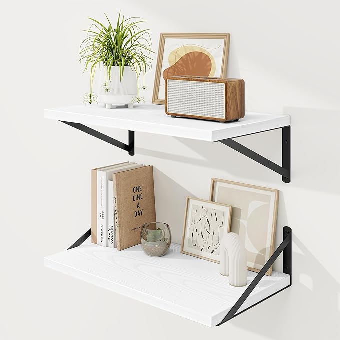 Floating Shelves, 12 Inch Deep Rustic Wood Wall Storage, 24W x 12D Wall Shelves Set of 2, Heavy Duty Metal Brackets, Large Industrial Book Shelf for Living Room, Kitchen, Bedroom, White