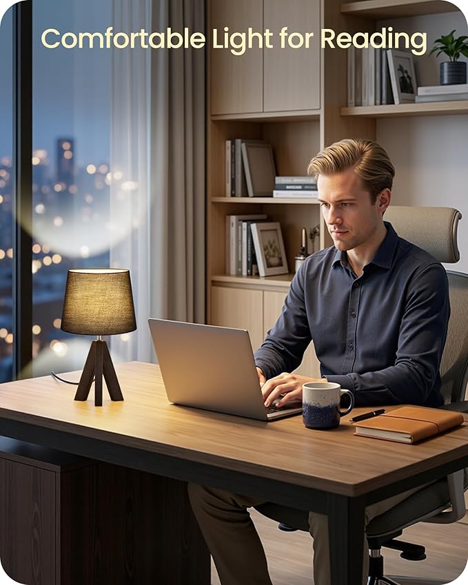 Small Table Lamp for Bedroom, 14.6" Bedside Lamp with Black Linen Shade & Walnut Wood Tripod Base, Modern Nightstand Lamp, Blak Lamp for Living Room, Nursery, Entryway, E26 Socket, VB51TL05