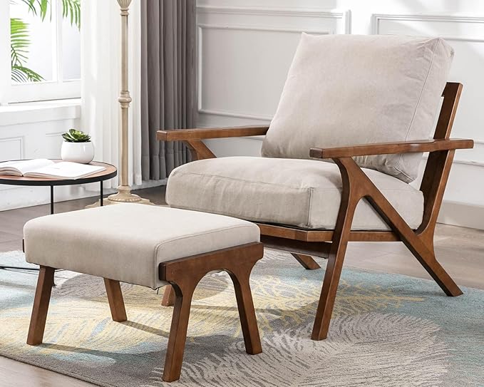 HNY Mid Century Modern Accent Chair with Ottoman, Farmhouse Linen Upholstered Living Room Armchair and Ottoman Set, 23" Seat Wide Retro Leisure Lounge Chair with Wood Frame for Home, Bedroom, Beige