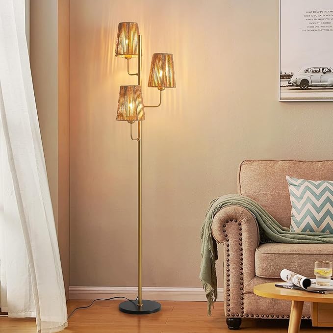 Boho Floor Lamp for Living Room: 3 Light Rattan Floor Lamp for Bedroom, Gold Standing Lamp with Foot Switch, Coastal Rustic Tall Lamp, No Bulb