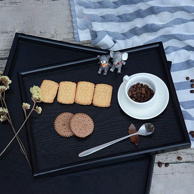 16 x 11 Inches Extra Large Solid Wood Serving Tray for Tea Coffee Table Snack Food Meals Serving Plate Kitchen Party Bar Breakfast Server with Raised Edges Black Wooden Decorative Ottoman Tray
