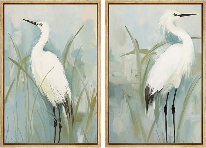 MUDECOR Framed Canvas Print Wall ArtWhite Heron Pair in Marsh Coastal Illustrations Modern Art Decorative Bohemian Colorful for Living Room, Bedroom, Office - 16"x24"x2 Natural