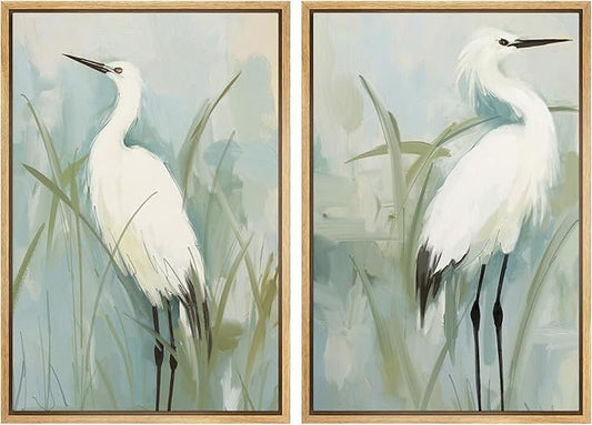 MUDECOR Framed Canvas Print Wall ArtWhite Heron Pair in Marsh Coastal Illustrations Modern Art Decorative Bohemian Colorful for Living Room, Bedroom, Office - 16"x24"x2 Natural