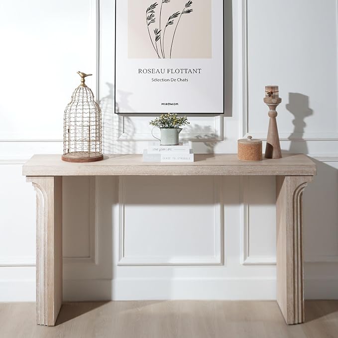 Wood Console Table, 58" Modern Minimalist Long Sofa Table Behind Couch with Uniquely Curved Legs and Engineered Wood Finish for Hallway Entryway Living Room Entrance, Natural