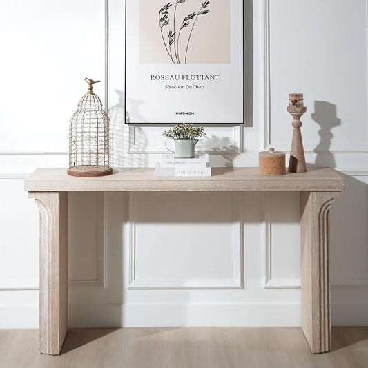 Wood Console Table, 58" Modern Minimalist Long Sofa Table Behind Couch with Uniquely Curved Legs and Engineered Wood Finish for Hallway Entryway Living Room Entrance, Natural