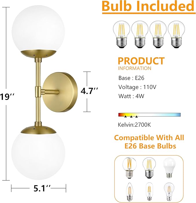 KoKo&Yukina 2 Pack Gold Vanity Light Fixtures Mid Century Modern Bathroom Vanity Light with Milky White Glass Globe Sconce Lights Fixture Vanity Lights for Bathroom (Bulb Include)