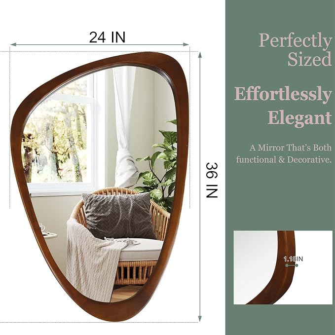 24x36 Inch Asymmetrical Wall Mirror Wood,Rustic Irregular Shaped Vanity Mirror for Bathroom,Bedroom, Living Room, Entryway, Fireplace,Wall Decor,Solid Wooden Frame (Dark Walnut, 24"x36" Inch)