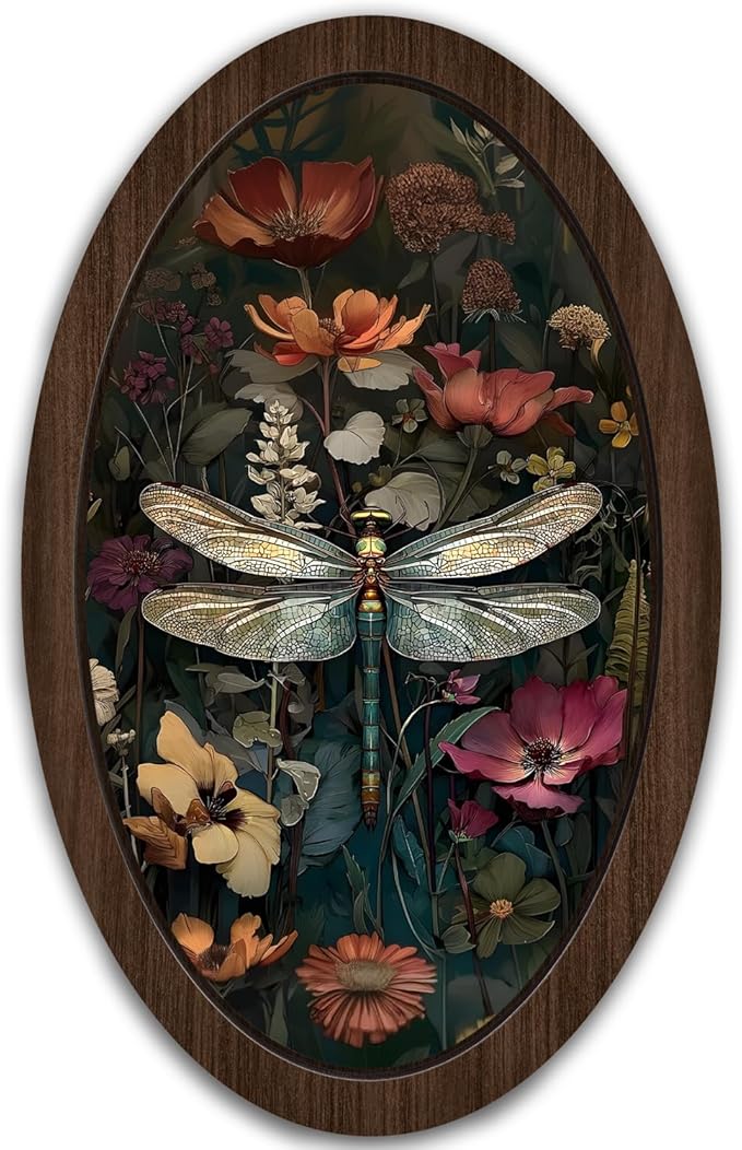 UYIKG Vintage Dragonfly Wall Art Decor,Dragonfly Floral William Morris Oval Wall Decor, Rustic Farmhouse Cottagecore Wooden Framed Wall Decorations for Theme Room Home Bedroom Living Room 9x14.6 in