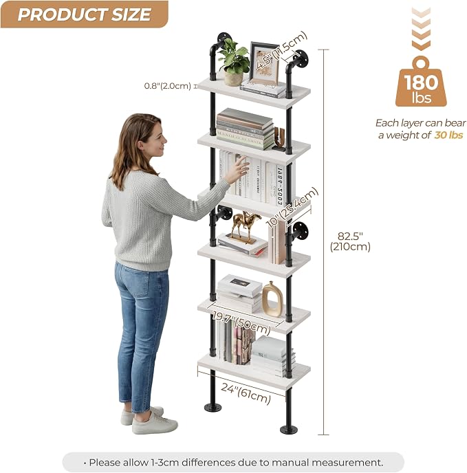 Industrial Ladder Pipe Shelves, Wall Mounted Wood Metal Rustic Bookshelf for Living Room (White, 6 Tier - 10" D x 24" W x 82.5" H)