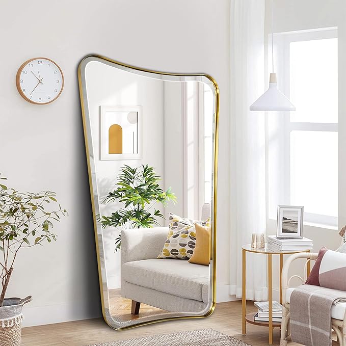 POZINO Brushed Gold Beveled Mirror, 30"x48" Vanity Mirror for Over Sink, Large Rectangle Floor Mirrors for Dressing, Irregular Shaped Wall Mirrors for Living Room Bathroom Bedroom Hallway Entryway
