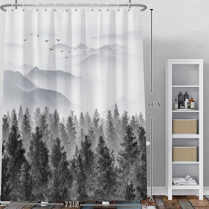 Baocicco Grey Forest Mountain Shower Curtain Watercolor Misty Forest Nature Tree Mountain Landscape Shower Curtains for Bathroom Waterproof Fabric Shower Curtain with Hooks 72x96 Inches