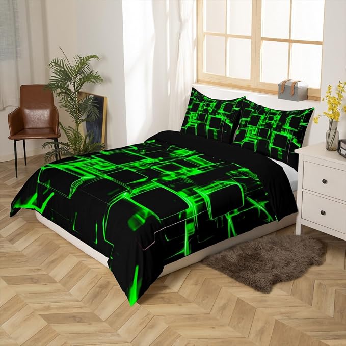 Erosebridal Fluorescent Green and Black Kids Duvet Cover, Modern Geometric Square Bedding Sets for Boys Girls Gradient Neon Light Honeycomb Bed Cover Twin 2 Pieces