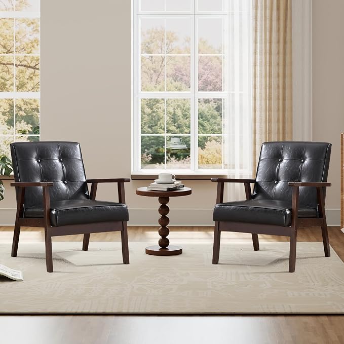 IOMOR Accent Chair Mid Century Modern Chair for Living Room, Comfy Faux Leather Armchair with Solid Wood Frame Soft Thick Padded, Side Chairs Easy Assembly Set of 2, Black