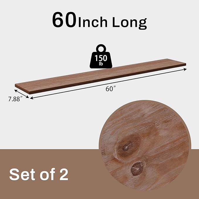 60 Inch Rustic Brown Wood Floating Shelves 2-Pack - Farmhouse Wall Shelves with 150 lbs Capacity, Easy Installation for Living Room, Kitchen, Bedroom