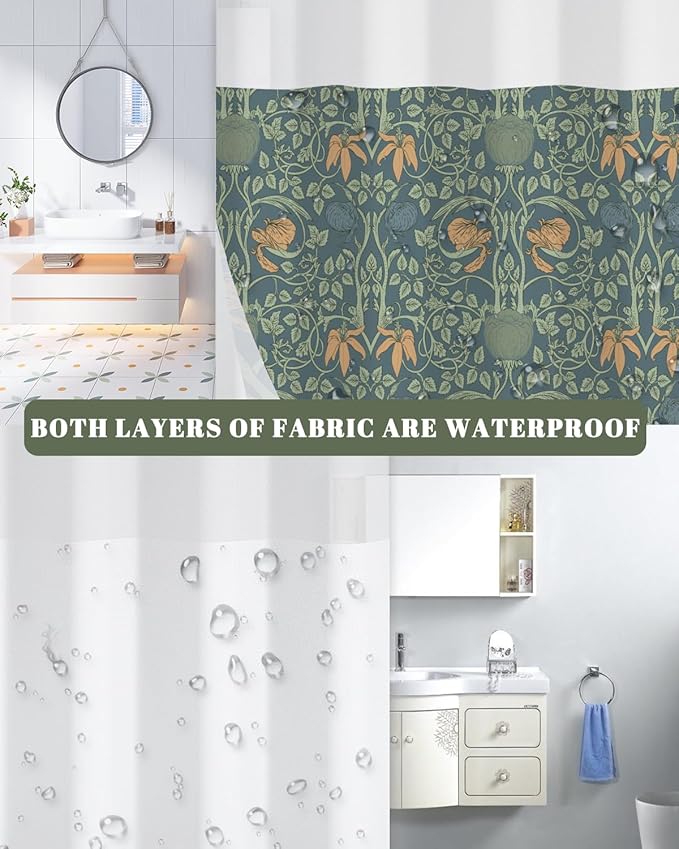 No Hook Shower Curtain with Snap in Liner - Vintage Dark Green Botanical Floral Print, Hookless Bath Curtain with Mesh Top for Dark Academia & Moody Victorian Bathroom Decor, 71W x 74H