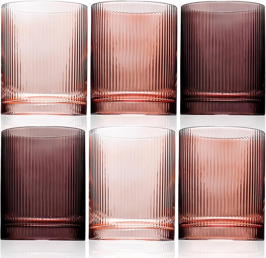 Physkoa 6-Piece Brown Ribbed Glassware Set –Vintage Drinking Glasses in Ochre, Umber & Espresso –8.5oz Tumbler Cups for Water, Juice, Iced Coffee, Whiskey, Cocktail –Aesthetic Colored Glasses